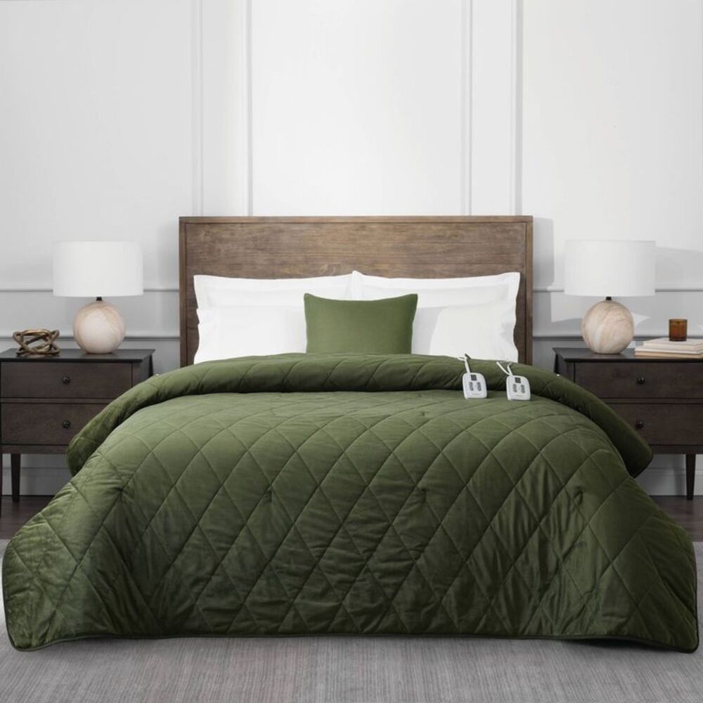 Brookstone Full/Queen Heated Diamond Stitch Quilt Blanket Green